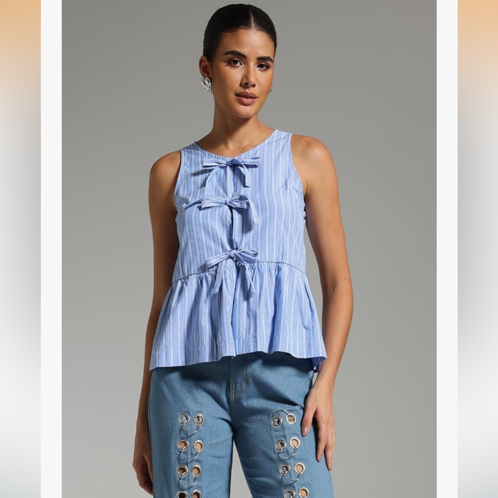 Blue Pinstripe Tie Front Peplum Top Size M Babydoll Blouse Cottagecore Summer